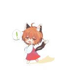  ! 1girl ahoge animal_ear_fluff animal_ear_piercing animal_ears bright_pupils brown_eyes brown_hair cat_ears cat_tail chaki_(kinaneko2149) chen chibi commentary_request earrings fang from_side full_body gold_trim highres jewelry long_sleeves looking_at_viewer looking_to_the_side multiple_tails nekomata no_headwear open_mouth puffy_long_sleeves puffy_sleeves red_skirt red_vest shadow short_hair simple_background single_earring skin_fang skirt skirt_set solo spoken_exclamation_mark tail touhou two_tails vest white_background white_pupils 