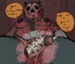 balls bear blushingrosewood bone chubby_anthro chubby_male dialogue english_text erection fangs foreskin fur genitals grey_body grey_fur hi_res humanoid_genitalia humanoid_penis looking_down low-angle_view mammal monster moobs multicolored_body multicolored_fur penis pink_body pink_fur skull skull_head slightly_chubby speech_bubble teeth text two_tone_body two_tone_fur undead wrapping_paper
