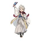  1boy absurdres dragonstone envelope fire_emblem fire_emblem_fates fire_emblem_heroes full_body grey_eyes hagoita highres holding holding_envelope japanese_clothes kana_(fire_emblem) kana_(male)_(fire_emblem) kana_(male)_(rising_dragon)_(fire_emblem) kimono looking_at_viewer male_focus official_alternate_costume official_art open_mouth paddle scarf simple_background smile solo spiked_hair tapioka_chaso white_background white_hair 
