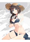  1girl absurdres arm_under_breasts bikini blue_eyes blue_flower bow braid breasts brown_eyes brown_headwear cleavage closed_mouth flower hair_between_eyes hair_bow hair_flaps hair_flower hair_ornament hair_over_shoulder hat hat_flower highres kantai_collection long_hair looking_at_viewer medium_breasts red_bow shakemi_(sake_mgmgmg) shigure_(kancolle) short_sleeves simple_background single_braid solo straw_hat swimsuit 