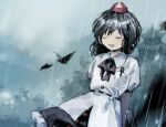  1girl :d architecture bird black_hair black_skirt closed_eyes collared_shirt grey_sky hat kaigen_1025 medium_hair open_mouth outdoors rain red_headwear shameimaru_aya shirt short_sleeves skirt sky smile solo tokin_hat touhou upper_body white_shirt 