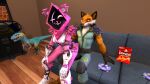 3d_(artwork) anthro arcade_machine bear canid canine clothed clothing digital_media_(artwork) dinosaur doritos dromaeosaurid duo epic_games female fennix_(fortnite) fortnite fox frito-lay fully_clothed fur furniture gamecube hi_res hoodie inside kyleroo looking_at_viewer male mammal muscular muscular_male nintendo on_lap one_eye_closed raven_team_leader reptile scalie sitting sitting_on_another sitting_on_lap smile sofa source_filmmaker surprised_expression theropod topwear velociraptor wink winking_at_viewer