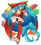  1girl absurdly_long_hair aqua_eyes aqua_hair ass_visible_through_thighs barefoot bell bow bowtie christmas eiji_(eiji) feet foreshortening gift gloves green_bow green_bowtie hair_between_eyes hatsune_miku highres long_hair nail_polish night night_sky open_mouth red_thighhighs simple_background sky soles solo star_(sky) teeth thighhighs toeless_legwear toenail_polish toenails toes twintails upper_teeth_only very_long_hair vocaloid white_background white_gloves 