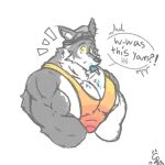 abs anthro biceps big_biceps big_muscles big_pecs canid canine canis clothed clothing digital_media_(artwork) english_text epic_games fortnite fur hair headgear hi_res kaydendoesart looking_at_viewer male mammal muscular muscular_anthro muscular_male pecs shirt simple_background solo speech_bubble tank_top text topwear wendell_(fortnite) wolf