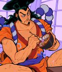  1boy absurdres bare_pectorals black_hair bowl cranity cross_scar eyeliner facial_hair feet_out_of_frame food goatee highres holding holding_bowl impossible_hair japanese_clothes kimono kouzuki_oden long_hair long_sideburns looking_down makeup male_focus mature_male muscular muscular_male oden one_piece orange_kimono pectorals red_eyeliner rope scar scar_on_leg shimenawa sideburns sitting sleeves_rolled_up solo sparse_arm_hair sparse_leg_hair spread_legs thick_eyebrows v-shaped_eyebrows 
