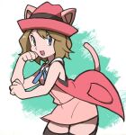  1girl animal_ears bare_shoulders bent black_thighhighs blonde_hair blue_eyes blue_ribbon bravefarm2 breasts cat_ears cat_tail clenched_hands coat collared_dress cowboy_shot dress eyelashes green_background highres open_mouth overcoat pink_dress pink_headwear pokemon pokemon_xy ribbon serena_(pokemon) short_hair simple_background sleeveless small_breasts solo standing tail thighhighs white_background zettai_ryouiki 