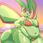 anthro beach bikini breasts cleavage clothed clothing female flygon garuda_six generation_3_pokemon green_body hand_on_hip hi_res nintendo nipple_outline obese obese_female overweight overweight_female pokemon pokemon_(species) seaside smile solo swimwear thick_thighs wings