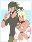  2boys arm_around_shoulder bandana beatmania_iidx black_shirt blonde_hair blue_eyes bubble_tea camouflage_bandana commentary_request cup dark-skinned_male dark_skin disposable_cup duel_(beatmania) ereki_(beatmania) folded_ponytail green_hair grin hair_between_eyes highres holding holding_cup jewelry long_bangs looking_at_another male_focus maoh_(aburaage0528) multiple_boys necklace red_eyes sharp_teeth shirt short_hair smile teeth upper_body v-neck watch white_shirt wristband wristwatch 