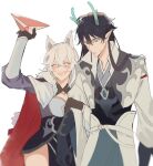  1boy 1girl :d animal_ears aqua_eyes aqua_horns arm_at_side arm_hug arm_up baiheng_(honkai:_star_rail) black_dress black_gloves black_hair breasts brooch cape cleavage closed_eyes collared_jacket cowboy_shot cropped_jacket crossed_bangs dan_feng_(honkai:_star_rail) dan_heng_(honkai:_star_rail) dan_heng_(imbibitor_lunae)_(honkai:_star_rail) dress fox_ears fox_girl fur-trimmed_cape fur_trim gloves grey_kimono grey_shirt hair_between_eyes high_collar honkai:_star_rail honkai_(series) horns jacket japanese_clothes jewelry kimono long_hair long_sleeves notonose paper_airplane parted_lips pointy_ears print_jacket red_cape shirt short_dress simple_background smile sweat very_long_hair white_background white_hair white_jacket 