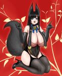  1girl animal_ears bell black-haired_fox_girl_(hayabusa) black_garter_straps black_gloves black_hair black_tail blue_eyes borrowed_character breast_curtains breasts cleavage elbow_gloves floral_background fox_ears fox_girl fox_tail garter_straps gloves highres huge_breasts jangogk87 long_hair mole mole_on_breast o-ring_dress original red_background smile tail 