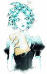  androgynous aqua_eyes aqua_hair clipboard colored_eyelashes crystal_hair gem_uniform_(houseki_no_kuni) glowing glowing_hair highres houseki_no_kuni looking_at_viewer musupon_houseki open_mouth phosphophyllite short_hair solo sparkle traditional_media upper_body white_background white_skin 