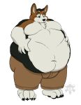 4_toes 5_fingers absurd_res anthro belly big_belly black_claws black_eyebrows black_nose black_pawpads bottomwear canid canine canis ceowolf chest_tuft claws clothed clothing cursed_wolf_commissions deep_navel eyebrows feet fingers fur hand_on_own_belly hi_res holding_belly inner_ear_fluff male mammal moobs multicolored_body multicolored_fur navel obese obese_anthro obese_male overweight overweight_anthro overweight_male pants pawpads simple_background solo standing teal_eyes toes tuft watermark white_background white_body white_fur white_inner_ear_fluff wolf