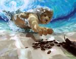 anthro caustics claws digital_media_(artwork) digital_painting_(artwork) felid hi_res kleric lion male mammal mane money pantherine shirtless solo underwater water