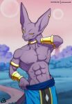 abs anthro baggy_clothing beerus belt clothed clothing domestic_cat dragon_ball dragon_ball_super felid feline felis gold_(metal) gold_jewelry hairless hairless_cat hi_res jewelry looking_at_viewer male mammal muscular muscular_male nipples nude piercing prismanoodle_(artist) purple_body sash smile solo sphynx_(cat) topless topless_male undressing