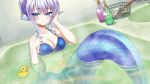  1girl animal_ears artist_request back_scrubber bathtub bikini blue_bikini blue_eyes blue_nails blush breasts cleavage game_cg gills hair_up long_hair looking_at_viewer medium_breasts mermaid monster_girl monster_musume_no_iru_nichijou monster_musume_no_iru_nichijou_online navel official_art partially_submerged pointy_ears purple_hair rubber_duck sein_(monster_musume) sidelocks soap_bottle solo swimsuit water webbed_hands 