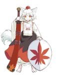  1girl alternate_costume animal_ear_fluff animal_ears baggy_pants barefoot black_skirt breast_curtain commentary_request detached_sleeves hat holding holding_shield holding_sword holding_weapon huge_weapon inubashiri_momiji looking_at_viewer pants pom_pom_(clothes) red_headwear red_skirt ribbon_trim s-a-murai shield short_hair skirt smile straight-on sword tail tiptoes tokin_hat touhou two-tone_skirt weapon white_background white_hair white_pants wolf_ears wolf_girl wolf_tail yellow_eyes 