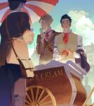  2boys ace_attorney ascot bag black_hair blonde_hair buttons cloud coin_purse collared_shirt day double-breasted food from_below herlock_sholmes highres holding holding_bag holding_clothes holding_food holding_ice_cream holding_jacket ice_cream ice_cream_cone ice_cream_stand jacket lapels licking multiple_boys neck_ribbon outdoors parasol popped_collar red_ascot red_ribbon ribbon shirt short_hair shoulder_bag sideburns sleeve_garter smile standing sweat the_great_ace_attorney twitter_username umbrella unworn_jacket vest white_shirt worvies yujin_mikotoba 