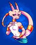 4:5 anthro bigmoon206 breasts clothing eyelashes female gold_(metal) gold_jewelry harem_outfit hi_res horn jewelry kobold looking_at_viewer pink_body small_breasts smile solo