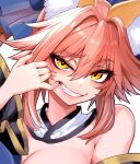 1girl absurdres animal_ear_fluff animal_ears bare_shoulders blue_bow blue_kimono bow breasts clenched_teeth fang fate/extella fate/extra fate_(series) finger_in_own_mouth fox_ears fox_girl highres japanese_clothes kimono large_breasts pink_hair smile solo tamamo_(fate) tamamo_no_mae_(fate/extra) teeth upper_body wide_sleeves wisespeak yellow_eyes 