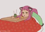  1girl :3 animal_ears cat_ears empty_eyes food fruit grey_background hanten_(clothes) hashimoto_nyaa kotatsu mandarin_orange multicolored_hair orange_peel osomatsu-san pink_hair sitting smile streaked_hair table tea twitter_username user_pwza2477 