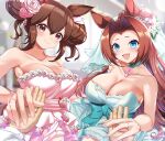  2girls absurdres blue_eyes blurry blurry_background blush breasts bridal_veil brown_hair cleavage closed_mouth commentary_request commission dress flower hair_flower hair_ornament highres hishi_akebono_(umamusume) jewelry kawakami_princess_(umamusume) large_breasts maou_(maoudaisukiya) multiple_girls necklace open_mouth pixiv_commission pov pov_hands ring smile umamusume veil wedding wedding_dress wedding_ring 