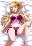  1girl absurdres bed bed_sheet blonde_hair blue_eyes blush bow bow_panties breasts cleavage highres kekkon_yubiwa_monogatari large_breasts long_hair looking_at_viewer lying magazine_scan megami_magazine navel nightgown nonaka_himeno official_art on_back on_bed panties pillow scan thighs underwear very_long_hair 