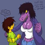  2018 age_difference anthro big_breasts breasts bulge claws cleavage cleavage_overflow clothed clothing cronum deltarune dialogue dragon duo english_text erection female hair human humanoid kris_(deltarune) larger_female male male/female mammal reptile scalie sharp_teeth simple_background size_difference smile standing susie_(deltarune) teeth text thought_bubble threatening video_games wide_hips 