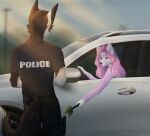 absurd_res anthro banana black_nose blue_eyes brown_body brown_fur brown_hair canid canine canis car clothing domestic_dog duo female food fruit fur hair hi_res humor inside_car jensh_nx long_ears long_tail male male/female mammal pink_hair pink_tongue plant police police_officer police_uniform purple_hair smile sunny tail tongue toy uniform vehicle wavy_hair white_body white_car white_fur wolf