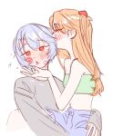  2girls ayanami_rei blue_hair blush closed_eyes grey_sweater highres kissing_hair kkbardd lipstick_mark multiple_girls neon_genesis_evangelion orange_hair red_eyes short_hair simple_background sitting sitting_on_person souryuu_asuka_langley sweater yuri 