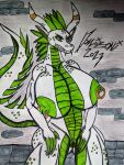 2023 anthro big_butt black_eyeshadow breasts butt claws domizoni dragon eyeshadow female green_body green_claws green_scales hi_res horn makeup nipple_piercing nipple_ring nipples piercing queen_lilith_(domizoni) ring_piercing scales solo traditional_media_(artwork) white_body white_scales