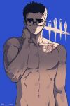  1boy black_eyes black_hair commentary_request dead_by_daylight dwight_fairfield frown glasses hand_on_own_neck highres korean_commentary male_focus muscular muscular_male navel nude pectorals scar scar_on_cheek scar_on_face solo tongchock twitter_username 