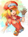  blonde_hair breasts cabbie_hat commentary_request dinef green_eyes hat jacket long_hair looking_at_viewer red_jacket rockman rockman_dash rockman_dash_3 roll_caskett smile solo 