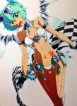  1girl aqua_eyes aqua_hair bikini black_gloves body_writing double_bun eyewear_on_head fingerless_gloves full_body gloves hair_bun hatsune_miku headset heart_hair_bun looking_at_viewer mechanical_wings nail_polish navel open_mouth placard race_queen racing_miku racing_miku_(2013) racing_miku_(2013_sepang_ver.) sharp_sign sign smile solo stomach sun_tattoo sunglasses swimsuit tan tanlines transparent vocaloid white_bikini wings yu_kiz_loom 