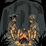  2boys campfire food forest greyscale lloyd_(mother) log male_focus marshmallow monochrome mother_(game) mother_1 multiple_boys nature neckerchief ninten outdoors roasted_marshmallow round_eyewear shifumame short_hair short_sleeves sideways_hat sitting socks solid_oval_eyes spot_color tent tree 