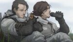  2boys black_gloves black_hair bottle brown_hair bug butterfly closed_mouth crossed_arms day death_stranding drinking facial_hair gloves gun hamms_hamss higgs_(death_stranding) highres holding holding_bottle male_focus multiple_boys orange_butterfly outdoors sam_porter_bridges short_hair sitting sky sleeping sleeping_upright spacesuit weapon weapon_on_back 