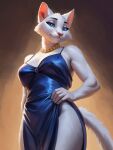 3:4 anthro blue_clothing blue_dress blue_eyes clothed clothing collar disney dress duchess_(aristocats) felid feline female fur hi_res mammal s-7 seductive smile solo standing the_aristocats white_body white_fur