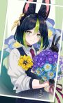  1boy animal_ear_fluff animal_ears black_gloves black_hair blue_flower blue_hair blue_vest blunt_ends blush bouquet brown_eyes collared_shirt commentary_request dress_shirt earrings english_commentary flower fox_boy fox_ears fox_tail genshin_impact gloves gradient_hair green_background green_eyes green_hair green_pupils grin hair_between_eyes hand_up highres holding holding_bouquet itsumono_katze jewelry kalpalata_lotus long_sleeves looking_at_viewer male_focus mixed-language_commentary multicolored_eyes multicolored_hair necktie nilotpala_lotus_(genshin_impact) pinstripe_pattern pinstripe_vest purple_flower purple_necktie purple_ribbon ribbon shirt short_hair simple_background single_earring sleeves_rolled_up smile solo streaked_hair striped striped_vest sumeru_rose_(genshin_impact) tail teeth tighnari_(genshin_impact) v vertical-striped_vest vertical_stripes vest white_background white_shirt wing_collar yellow_flower 