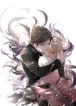  1boy 1girl absurdres backlighting belial_(granblue_fantasy) belt black_hair black_pants black_shirt black_thighhighs blonde_hair closed_mouth cowboy_shot djeeta_(granblue_fantasy) dress gloves granblue_fantasy hand_on_another&#039;s_head highres hug injury looking_at_another marorincho messy_hair pants pink_dress red_eyes scabbard sheath shirt short_dress short_hair simple_background smile stab standing sword thighhighs torn_clothes weapon white_background zettai_ryouiki 