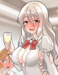  2girls alcohol blonde_hair blurry blurry_background bow bowtie breasts brown_eyes cleavage clothing_cutout cup drunk furaggu_(frag_0416) grey_hair highres holding holding_cup kantai_collection large_breasts long_hair long_sleeves multiple_girls orange_hair pola_(kancolle) red_bow red_bowtie shirt shoulder_cutout solo_focus wavy_hair white_shirt wine zara_(kancolle) 