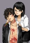  1boy 1girl blood cut dark_hair female male smirk wounded 