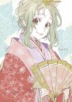  1girl amanchu! artist_name brown_eyes closed_mouth dated eyelashes floral_background floral_print folding_fan forehead green_hair hand_fan highres hirabitai holding holding_fan itou_youko japanese_clothes karaginu_mo kimono kohinata_hikari looking_at_viewer print_kimono red_kimono red_nails sidelocks signature smile solo upper_body wide_sleeves 