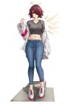  1girl absurdres arknights casperrin collarbone commentary crop_top denim exusiai_(arknights) full_body grey_shirt hair_over_one_eye halo hand_up highres jacket jeans long_sleeves looking_at_viewer midriff navel off_shoulder pants red_eyes red_hair shadow shirt shoes short_hair simple_background smile sneakers solo standing stomach thighs white_background white_footwear white_jacket 