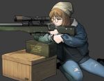  ai_arctic_warfare blue_jacket bolt_action box brown_hair crate denim glasses grey_background gun hat highres jacket jeans looking_to_the_side military one_eye_closed original pants rifle seriousman sitting sniper_rifle sniper_scope solo squinting torn_clothes torn_jeans torn_pants watch weapon wristwatch 