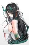  1girl arknights bare_shoulders black_hair breasts closed_mouth colored_skin commentary_request covered_nipples dragon_girl dragon_horns dress dusk_(arknights) earrings from_side green_horns hair_over_one_eye highres horn/wood horns jewelry large_breasts long_hair looking_at_viewer red_eyes sideboob simple_background sleeveless sleeveless_dress solo tassel tassel_earrings upper_body white_background white_dress 
