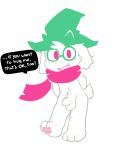  2018 anthro balls blush caprine clothed clothing cub deltarune dialogue digital_media_(artwork) eyewear fur glasses goat hat looking_at_viewer male mammal oob open_mouth penis ralsei scarf simple_background smile solo standing toony uncut video_games white_background white_fur young 