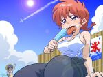  2girls aircraft airplane blue_hair blue_sky blush braid braided_ponytail breasts cloud cloudy_sky food hat large_breasts multiple_girls open_mouth popsicle ranma-chan ranma_1/2 red_hair salute short_hair sitting sky sun tendou_akane tongue tongue_out wanta_(futoshi) 