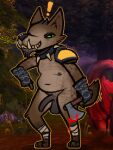 anthro armor balls blizzard_entertainment blood bodily_fluids claws clothing collar digital_media_(artwork) digitigrade exclamation_point facial_hair fingerless_gloves foreskin fur genitals gesture gloves gnoll goatee gore green_eyes grin half-erect handwear hogger holding_object holding_weapon hyena looking_at_viewer male mammal melee_weapon nipples nude outside pauldron penis pointing pointing_at_penis slightly_chubby smile smug solo spiked_collar spikes tail teeth warcraft weapon wendigoop
