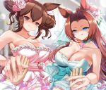  2girls :p absurdres blue_eyes blurry blurry_background blush breasts bridal_veil brown_eyes brown_hair cleavage closed_mouth commentary_request commission dress flower hair_flower hair_ornament heart heart-shaped_pupils highres hishi_akebono_(umamusume) jewelry kawakami_princess_(umamusume) large_breasts maou_(maoudaisukiya) multiple_girls necklace open_mouth pixiv_commission pov pov_hands ring smile symbol-shaped_pupils tongue tongue_out umamusume veil wedding wedding_dress wedding_ring you_gonna_get_raped 