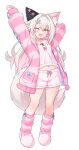  1girl :d absurdres animal_ear_fluff animal_ears arm_behind_head arms_up bandaid bandaid_hair_ornament blush bow bow_camisole breasts camisole collarbone commentary_request fang flipped_hair fluffy full_body grey_hair grey_tail hair_between_eyes hair_intakes hair_ornament highres hood hooded_jacket jacket leg_warmers long_hair long_sleeves looking_at_viewer loungewear midriff_peek navel one_eye_closed open_clothes open_jacket open_mouth original paw_print paw_tattoo pink_bow pink_camisole pink_jacket pink_leg_warmers pink_shoes pink_slippers pocket puffy_long_sleeves puffy_sleeves shoes sidelocks simple_background skin_fang slippers small_breasts smile solo standing stretching striped_clothes striped_jacket striped_leg_warmers tail tattoo ug_(nekonekodou) white_background yellow_eyes 