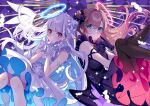  2girls angel angel_wings blue_eyes blue_hair brown_hair closed_mouth colored_inner_hair dress gloves hair_ornament halo lize_helesta long_hair looking_at_viewer multicolored_hair multiple_girls nijisanji pantyhose purple_eyes saine sleeveless sleeveless_dress smile suzuhara_lulu virtual_youtuber white_hair wings x_hair_ornament 